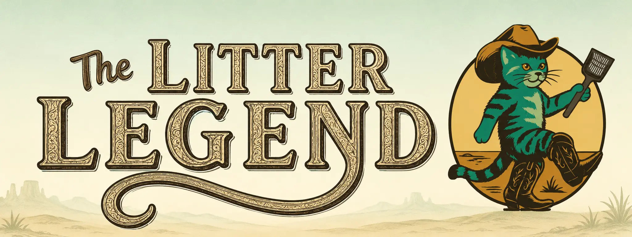 The Litter Legend illustrated western wordmark and Pickle the cowboy cat