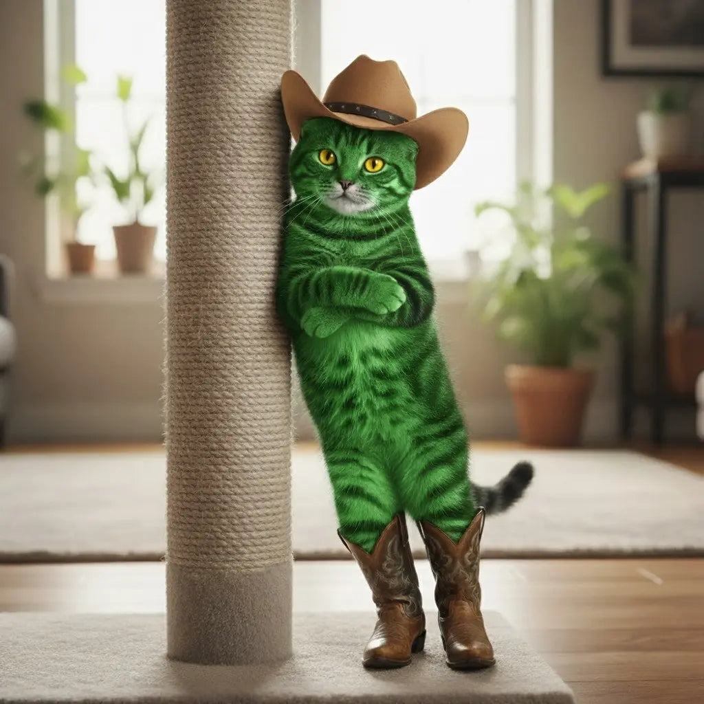 Pickle the green cowboy cat beside a scratching post